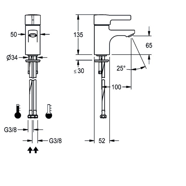 Maßzeichnung einer Waschbeckenarmatur: Höhe 135 Millimeter, Auslaufhöhe 65 Millimeter, Ausladung 100 Millimeter.
