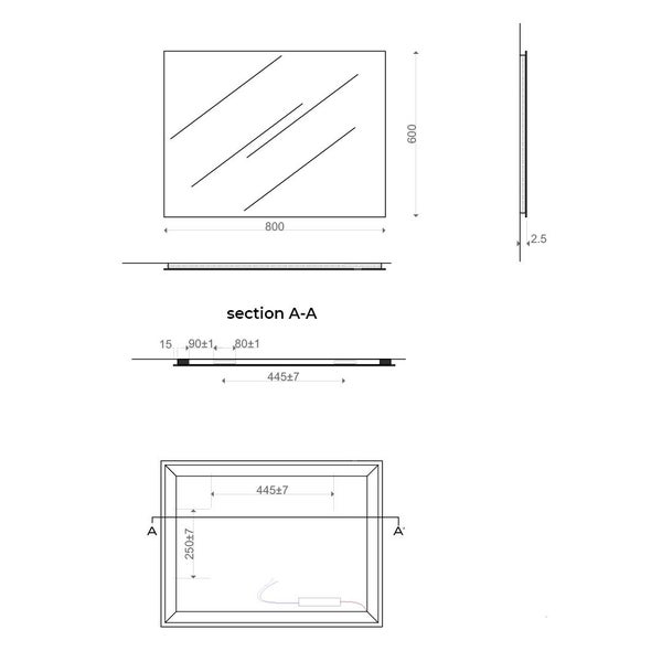 Maßzeichnung eines rechteckigen Spiegels, 800 mal 600 Millimeter, mit Vorderansicht, Seitenansicht und Rückansicht inklusive Montagebohrungen.
