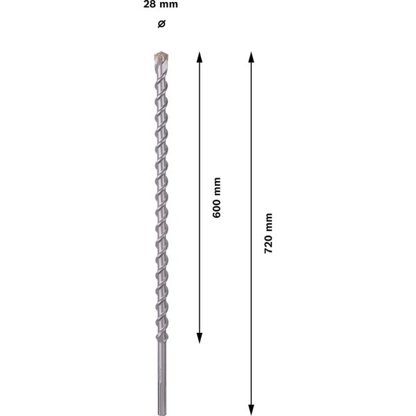 Bohrer mit den Maßen 28 mm Durchmesser, 600 mm Nutzlänge und 720 mm Gesamtlänge.