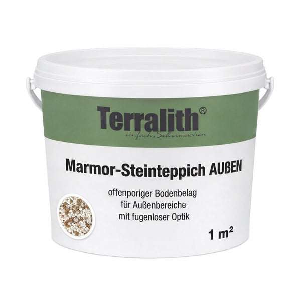 Terralith Marmor-Steinteppich Außen, offenporiger Bodenbelag für Außenbereiche, Ergiebigkeit für circa 1 Quadratmeter.