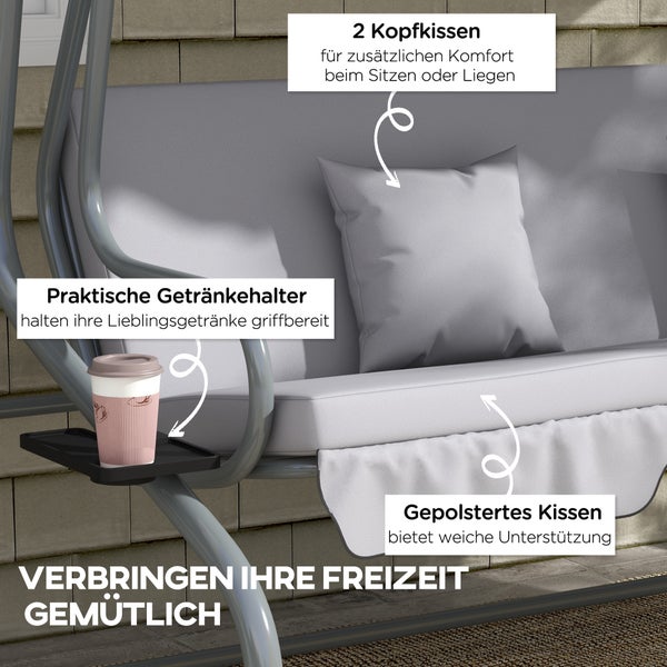 Detailaufnahme einer Gartenschaukel mit Getränkehalter, Kopfkissen und gepolstertem Kissen
