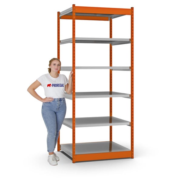 PROREGAL Fachbodenregal Stecksystem Vierkant-Profil Grundregal HxBxT 250 x 102,5 x 80 cm 6 Ebenen Einseitige Bauart Fachlast 200 kg Orange