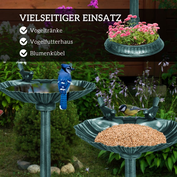 Mehrfach Vogeltränke, Vogelhaus und Pflanzgefäß im Garten