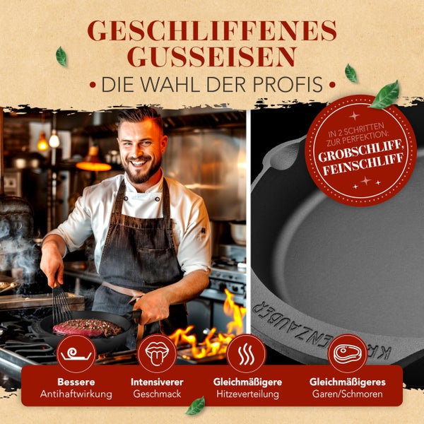 KRUSTENZAUBER 28cm Gusseisenpfanne Induktion - Fein Geschliffene Gusseisen Pfanne - Ideale Grillpfanne Induktion, Eisenpfanne, Cast Iron Pan, Bratpfanne, Gusseiserne Pfanne Skillet Gusspfanne