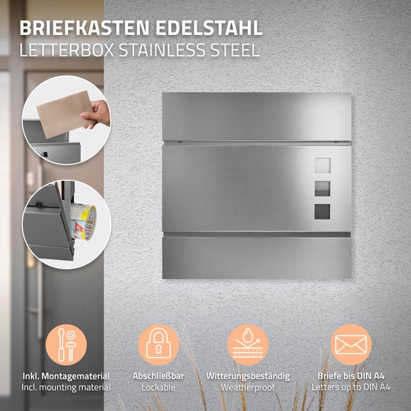 ECD Germany Standbriefkasten mit Zeitungsfach, Design Briefkasten Standfuß Freistehend, Anthrazit, Briefkastenständer Edelstahl Pulverbeschichtet 170cm, Postkasten Stahl matt gebürstet 37x10,5x36,5cm
