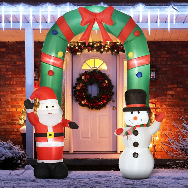 HOMCOM Aufblasbarer Weihnachtsdeko, Torbogen mit Weihnachtsmann und Schneemann, integriertes Gebläse, Wassserdicht, 198L x 80B x 245H cm, Polyester, Mehrfarbig