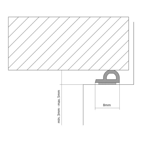 Technische Zeichnung eines Dichtungsprofils mit den Maßen 3 mm bis maximal 5 mm sowie 8 mm Breite