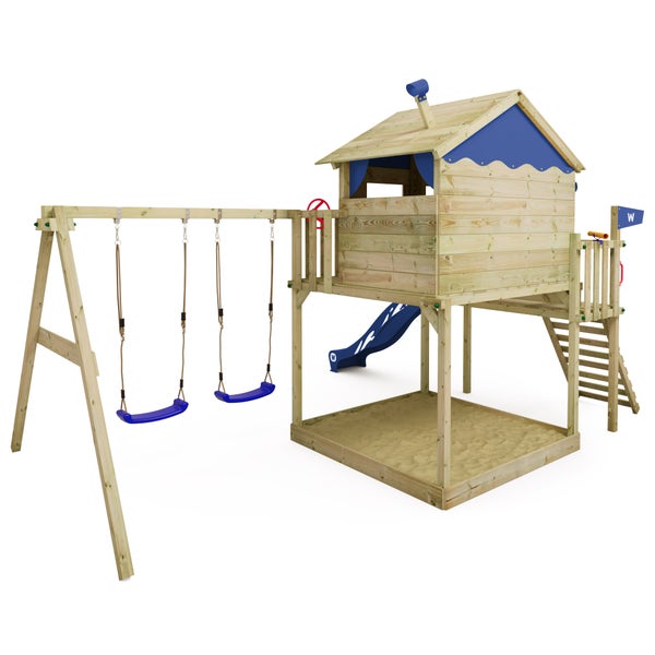 WICKEY Spielturm Klettergerüst Smart Coast mit Schaukel und Rutsche, Stelzenhaus mit Sandkasten, Kletterleiter und Spiel-Zubehör - blau