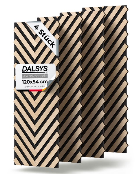 DALSYS Akustikpaneele Set bestehend aus 4 Stück, Maße 120 mal 54 Zentimeter, mit diagonal angeordneten Holzlamellen, DALSYS Logo.