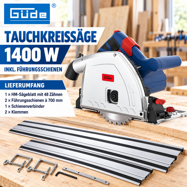 Güde Tauchkreissäge mit 1400 Watt inklusive zwei Führungsschienen und Zubehör auf einer Werkbank.