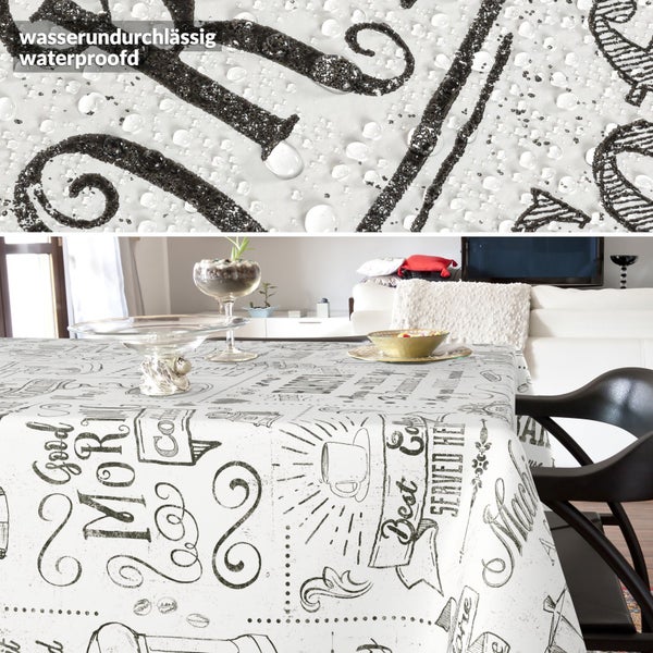 Wasserdichte Tischdecke mit Kaffeemotiv auf einem Tisch
