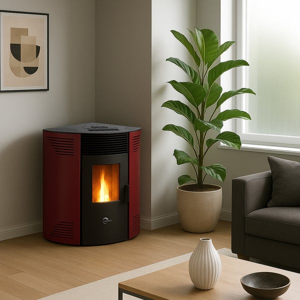 Roter und schwarzer Pelletofen mit brennender Flamme in einem modernen Wohnzimmer mit Holzboden, einer großen Zimmerpflanze und einem grauen Sofa.