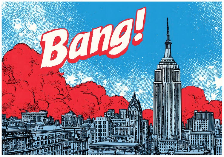 Wandbild im Pop-Art-Stil mit der Skyline von New York City, dem Empire State Building und dem Schriftzug Bang.