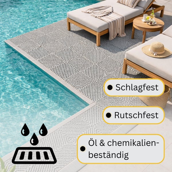Graue, wasserdurchlässige Bodenplatten am Pool, schlagfest, rutschfest und chemikalienbeständig. Hell gestalteter Außenbereich mit Sonnenliegen.