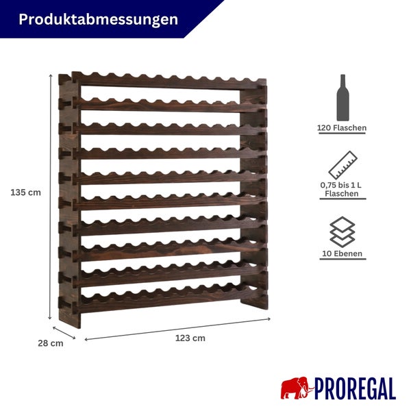 Dunkelbraunes Holz-Weinregal für 120 Flaschen. Maße: Höhe 135 Zentimeter, Breite 123 Zentimeter, Tiefe 28 Zentimeter.