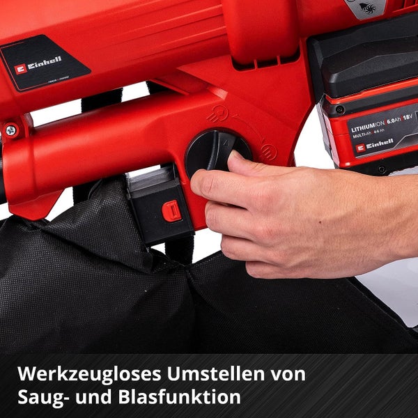 Einhell Laubbläser mit werkzeugloser Umschaltung zwischen Saug- und Blasfunktion durch einen Drehschalter mit Lithium Ionen Akku