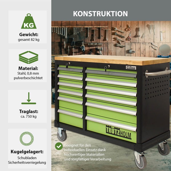 Werkbank mit Schubladen, Holzplatte und Rollen