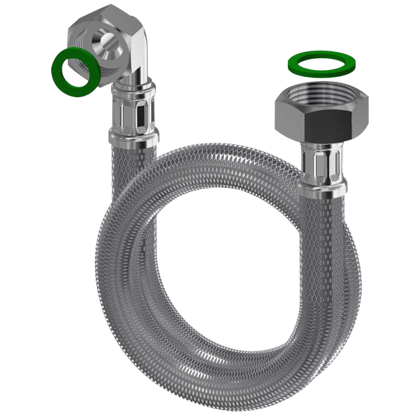 Flexibler Anschlussschlauch aus Edelstahlgeflecht mit Überwurfmuttern, 90 Grad Bogen und Dichtungsringen.