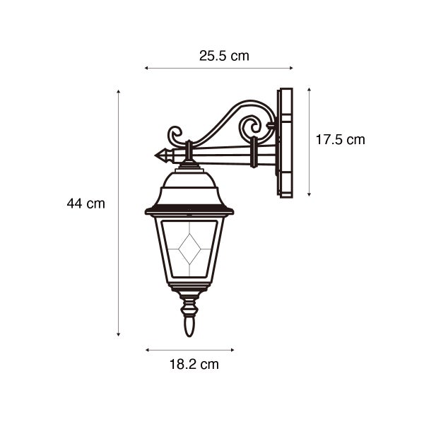 Maßzeichnung einer klassischen Außenwandleuchte in Laternenform mit 44 Zentimeter Höhe und 25,5 Zentimeter Tiefe.