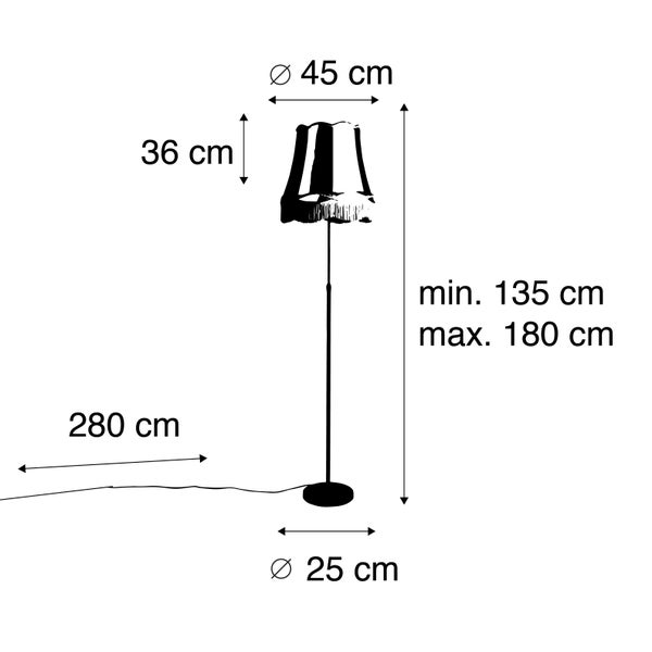 Skizze einer Stehlampe mit den Maßen: Schirmdurchmesser 45 cm, Schirmhöhe 36 cm, Fußdurchmesser 25 cm, Kabellänge 280 cm, Höhe minimal 135 cm, maximal 180 cm.