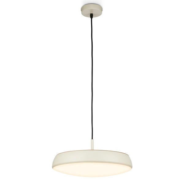 Moderne flache Pendelleuchte mit rundem Schirm und schwarzem Textilkabel für die Deckenmontage