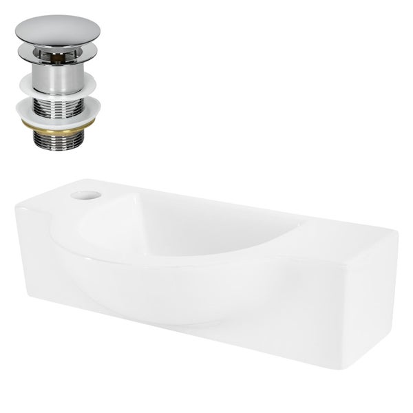 ML-Design Waschbecken Keramik Weiß, 44,5x25,5x12 cm mit Ablaufgarnitur Silber, Oval, Hahnloch links, Wandmontage, Aufsatzwaschbecken, Waschtisch Waschschale Waschplatz Handwaschbecken, für Badezimmer