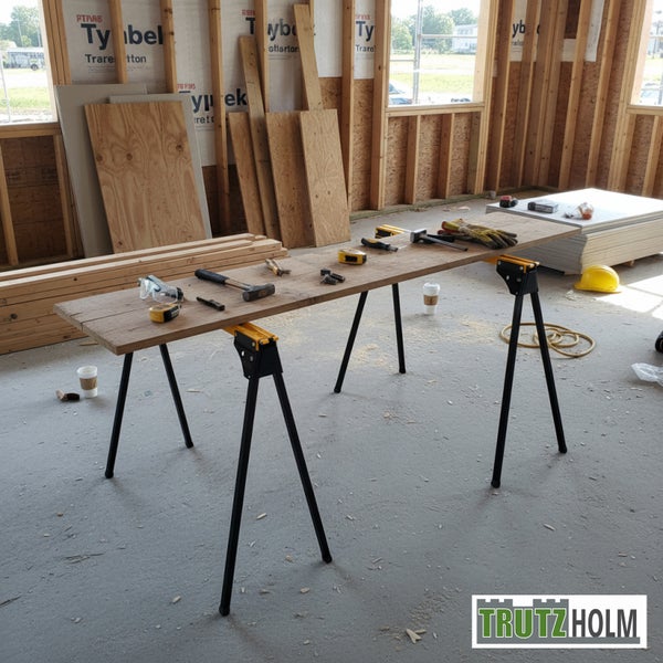Werkbank aus einer massiven Holzdiele auf zwei stabilen schwarzen Arbeitsböcken aus Metall in einem hellen Rohbau. Trutzholm Logo.