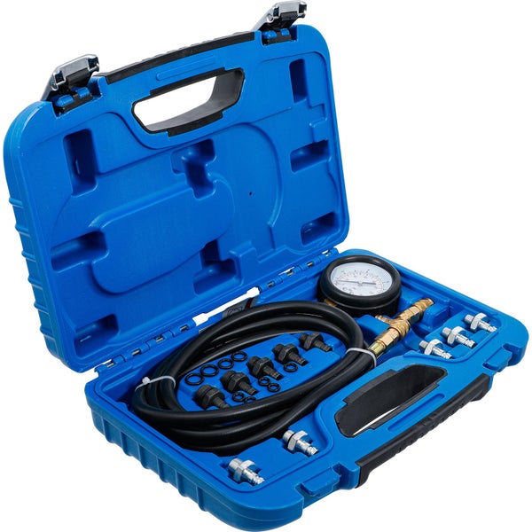 Druckprüfgerät Set in blauem Kunststoffkoffer mit Manometer, Schläuchen und Adaptern