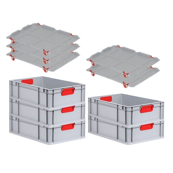 PROREGAL Spar Set 5x Eurobox Nextgen Color Mit Auflagedeckel & Schiebeschnappverschlüsse HxBxT 17 x 40 x 60 cm Griffe Rot Geschlossen Glatter Boden