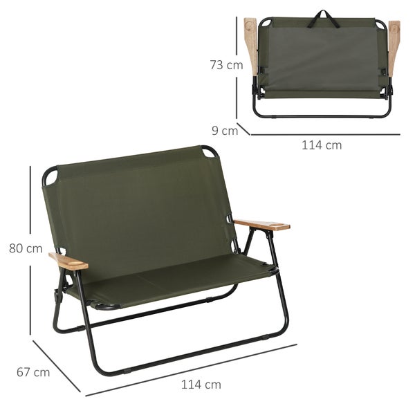 Outsunny Campingstuhl 2-Sitzer klappbar tragbar Gartenstuhl Regiestuhl Klappstuhl mit Getränkehalter für Outdoor Picknick Wandern max. Belastung 160 kg Grün 114 x 67 x 80 cm
