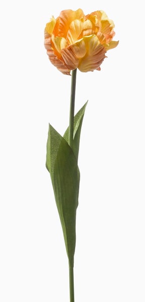 Künstliche Tulpe mit orange-gelber Blüte und grünem Stiel.