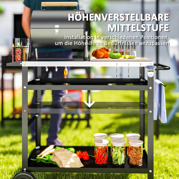 Outsunny Grillwagen 3-Etagen Servierwagen mit Arbeitsfläche Griffe Hülle Räder, höhenverstellbar BBQ Grilltisch Edelstahl, Grill Beistelltisch, Outdoor Rollwagen für Garten Grill 100x52x80cm Schwarz