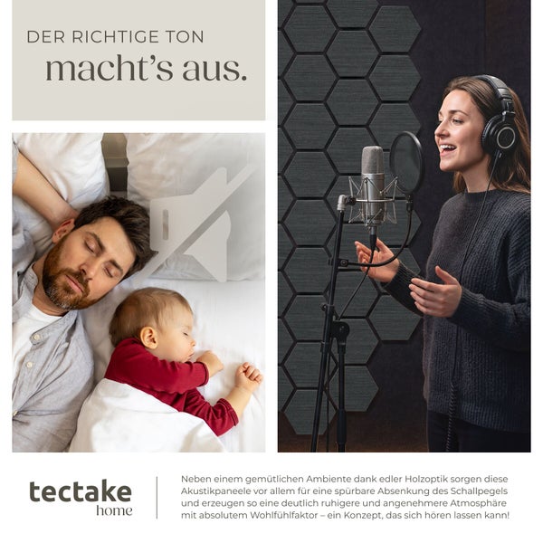 Sechseckige Akustikpaneele hinter einer Sängerin, schlafender Mann mit Kind, Symbol für Stille und Tectake Home Logo zur Darstellung von Schallschutz.