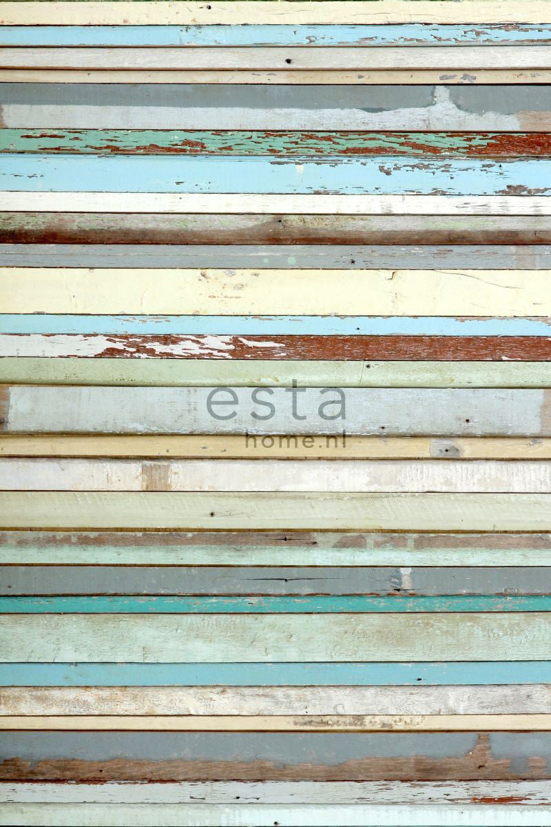 ESTAhome Fototapete Holz-optik Blau, Grau, Pastellgelb und Mintgrün - 186 cm x 279 m - 158004
