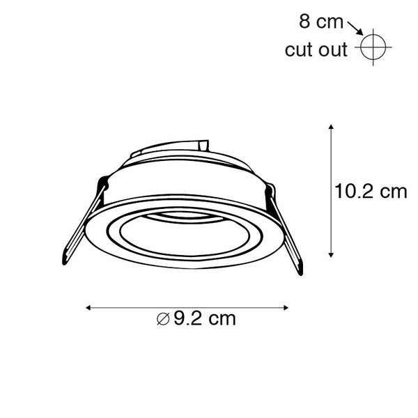 Maßzeichnung eines Einbaustrahlers mit den Maßen: Höhe 10,2 Zentimeter, Durchmesser 9,2 Zentimeter und Lochausschnitt 8 Zentimeter.
