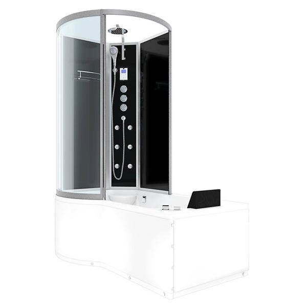 Moderne Duschkabine mit schwarzen Glasrückwänden, Glasschiebetüren, Massagedüsen, Handbrause, Regenduschkopf und digitaler Steuerung.