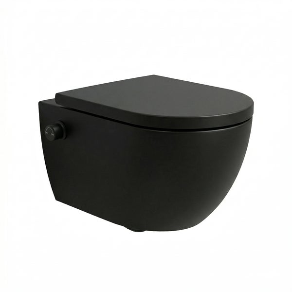 Wand-Dusch-WC in Schwarz matt mit seitlichem Drehknopf und passendem Deckel.