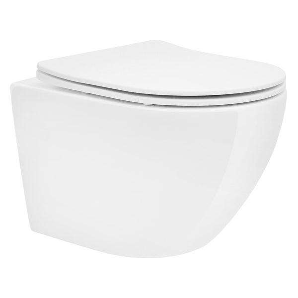 LuxeBath Wand WC Spülrandlos, Weiß, Tiefspüler Keramik Hänge WC, kurz 49 cm, Toilette ohne Spülrand mit Nano Beschichtung, Tornadospülung, Glänzende Kloschüssel Hängend mit WC-Sitz Absenkautomatik