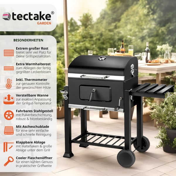 Holzkohlegrill tectake Florian 115 x 65 x 107 cm mit 2 Rädern schwarz