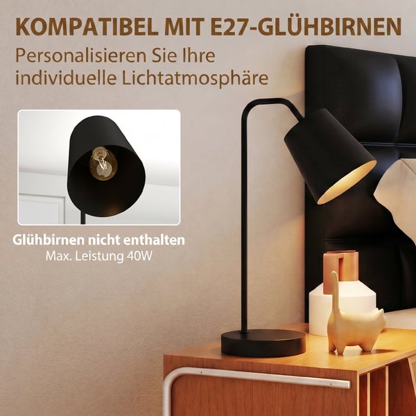 Schwarze Tischlampe fuer E27 Leuchtmittel auf einem Nachttisch mit Textinformation zur Kompatibilitaet und maximaler Leistung von 40 Watt.