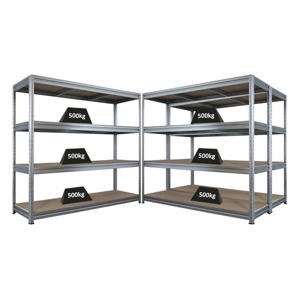 Zwei Metallregale mit jeweils drei Ebenen und einer Traglast von 500 Kilogramm pro Ebene.