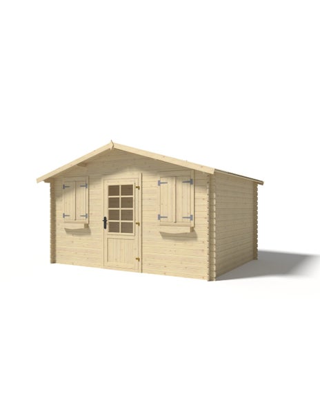 Gartenhaus aus Holz mit Satteldach, Blockbohlenbauweise, Tür mit Lichtausschnitt und zwei Fenstern mit Fensterläden und Blumenkästen.