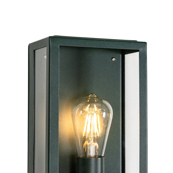Moderne anthrazitfarbene Außenwandleuchte aus Metall und Glas mit sichtbarem Filament-Leuchtmittel im rechteckigen Design.
