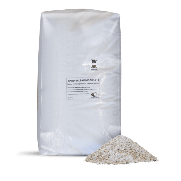Sand-Salz-Gemisch 90 zu 10 im Sack, Streugut für den Winterdienst mit abstumpfender und auftauender Wirkung, WM Quarzsand Logo, Interseroh Logo.