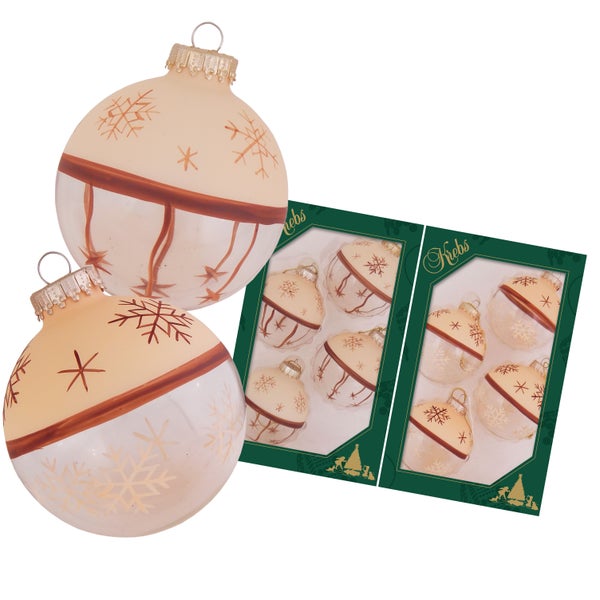Bi-Color Creme / Glasklar 7cm Glaskugeln mit braunen Sternen und Schneeflocken, 8 Stck., Weihnachtsbaumkugeln, Christbaumschmuck, Weihnachtsbaumanhänger
