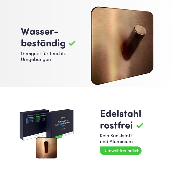 Wasserbeständiger selbstklebender Handtuchhaken aus rostfreiem Edelstahl in Kupfer-Optik, umweltfreundlich und für feuchte Umgebungen geeignet.