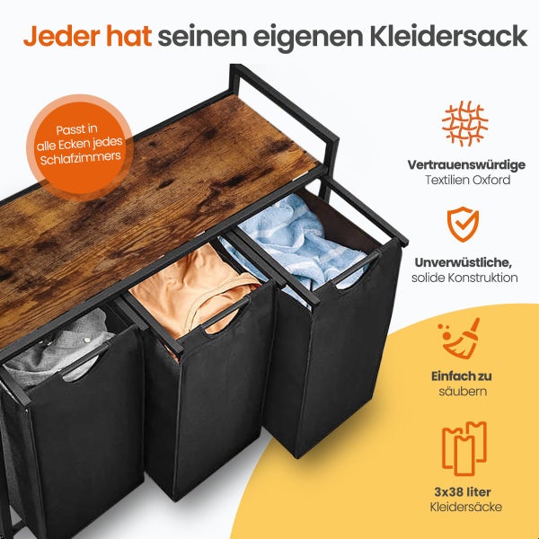Goliving Wäschesortierer - Wäschekorb mit 3 Fächern - Wäschebox - Oxfort Textil/Metall/Holz - 3 x 38 Liter - D25xB92.5xH71 cm - Braun/Schwarz