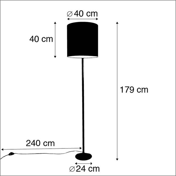 Maße der Stehlampe: 40 cm Durchmesser Lampenschirm, 40 cm Höhe Lampenschirm, 179 cm Gesamthöhe, 24 cm Durchmesser Fuß, 240 cm Kabellänge