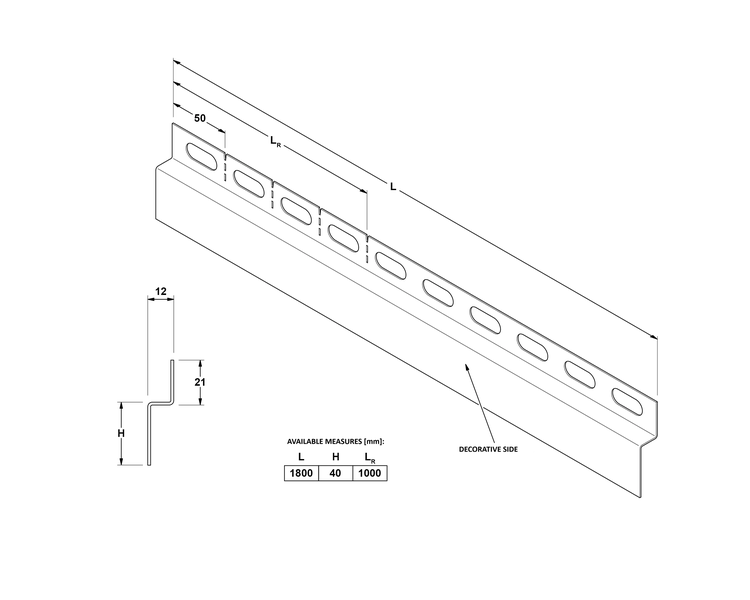Technische Zeichnung eines Z-Profils mit Abmessungen: Länge 1800 Millimeter, Höhe 40 Millimeter, dekorative Seite markiert.