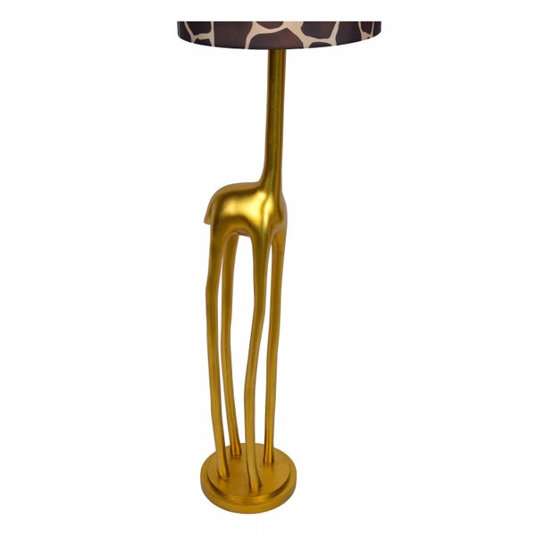 Dekorative Stehlampe in Form einer goldenen Giraffe mit Lampenschirm im Tierfellmuster